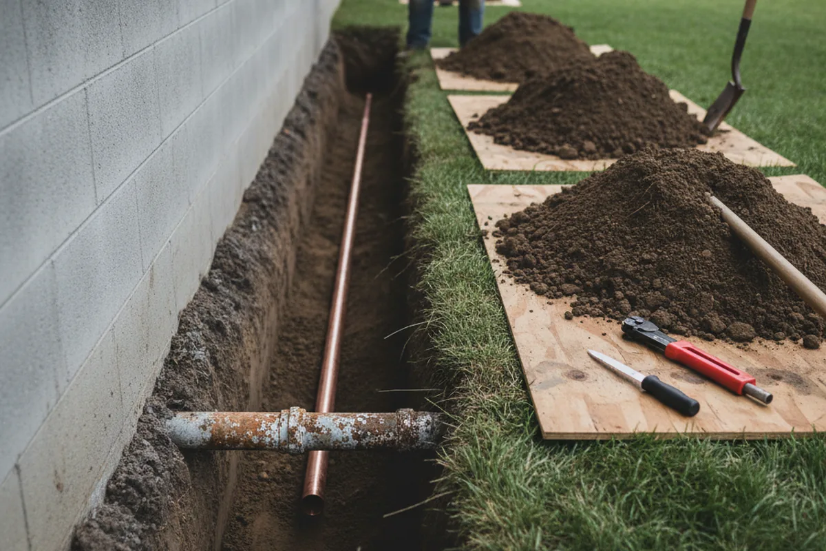 Excavated water line trench during Water Heater Repair in Chilo